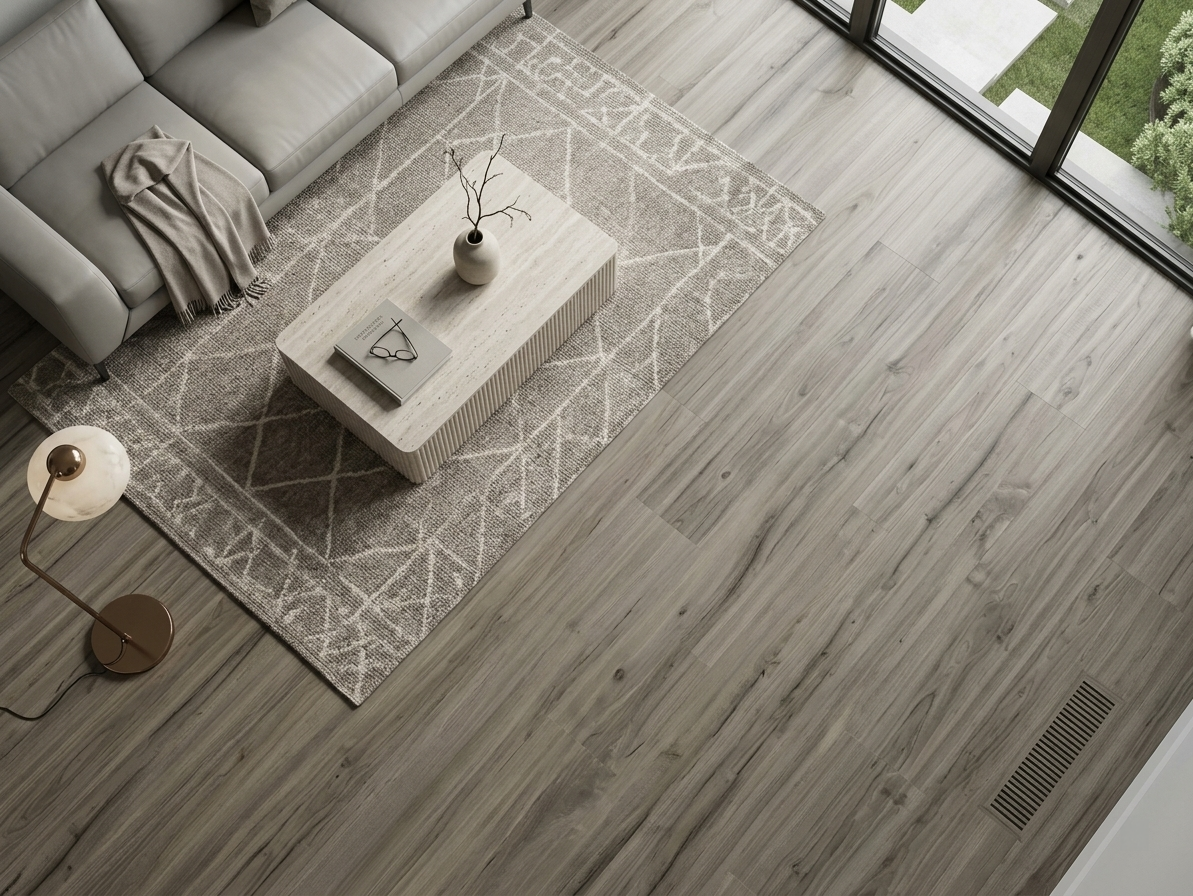 Pebble SPC vinyl flooring, shown beside a sofa, patterned rug and large window.