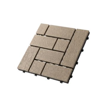 Tan interlocking composite deck tile, angled product view.