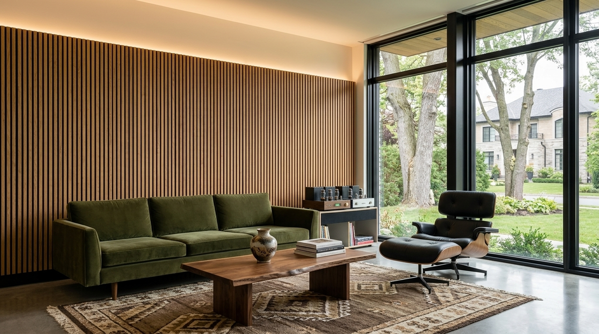 Vintage wood slat acoustic panels shown behind a green sofa in a living room.