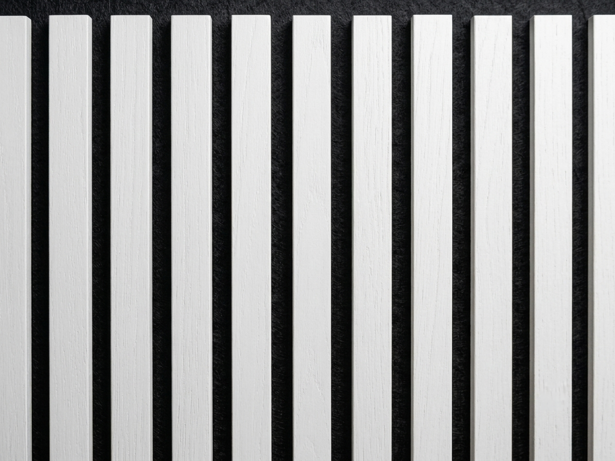Close-up of white MDF slats and matching polyester acoustic backing