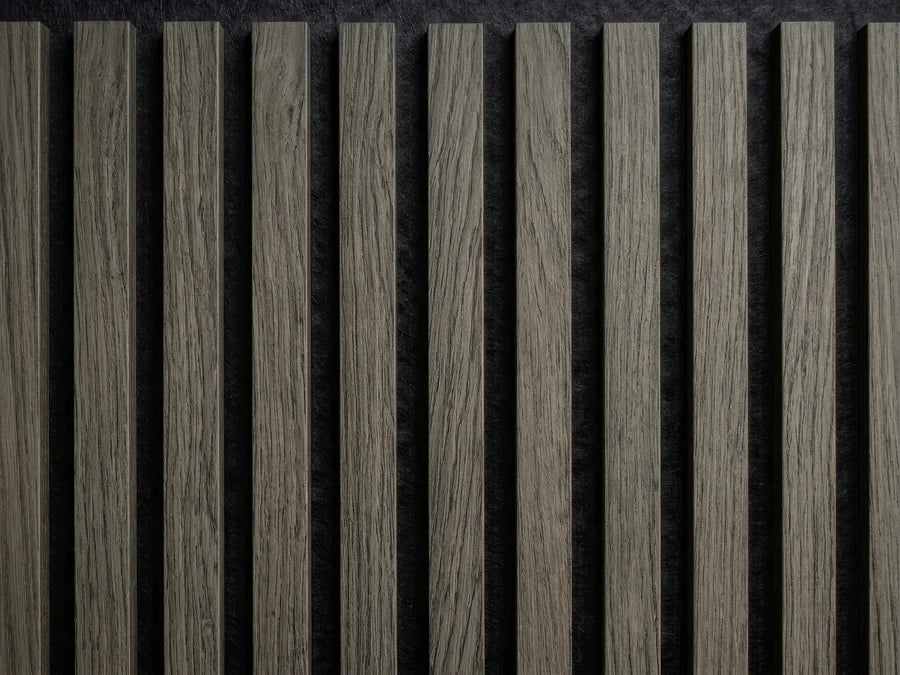Close-up of Cavador Cloud Grey wooden acoustic wall panels.