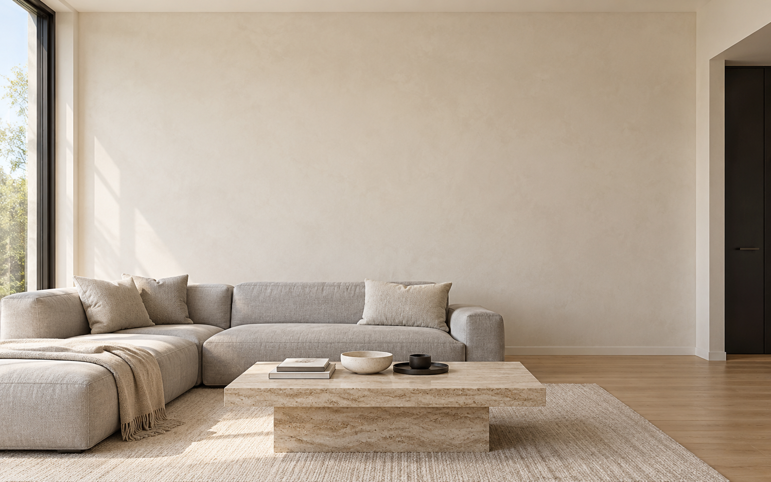 Original living room with a plain wall behind the sofa.